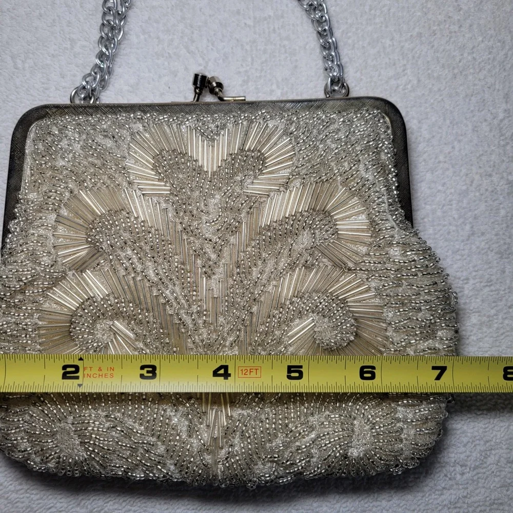 La Regale Vintage 1960s Beaded Evening Bag Silver Art Deco Kiss Lock Clutch